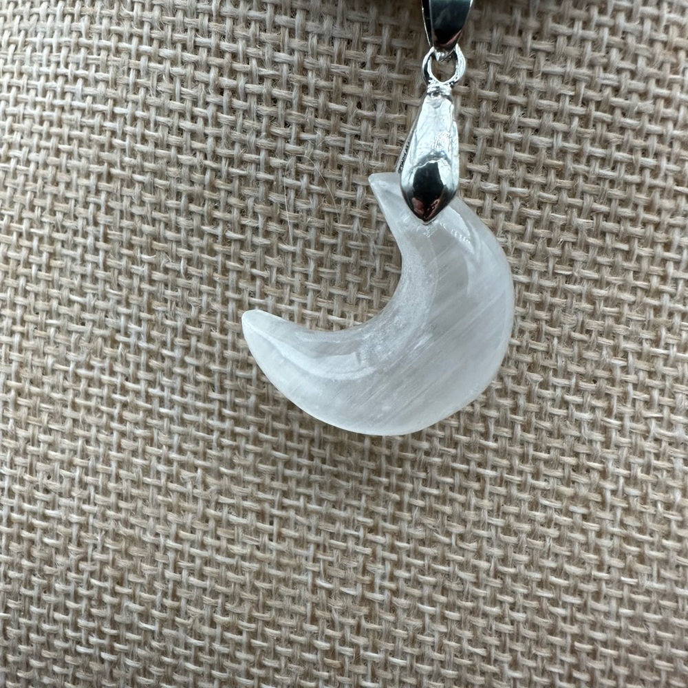 Small Selenite Crescent Moon Pendant on Black Satin Rope - Picture 4 of 7